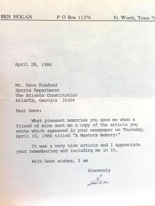 Ben Hogan letter
